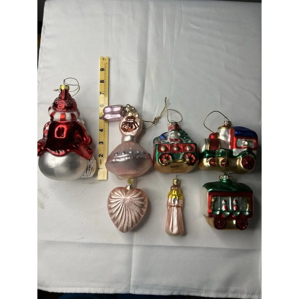 Lot 7 Shatterproof Plastic Christmas Ornaments Train Snowman Pink Retro Style
